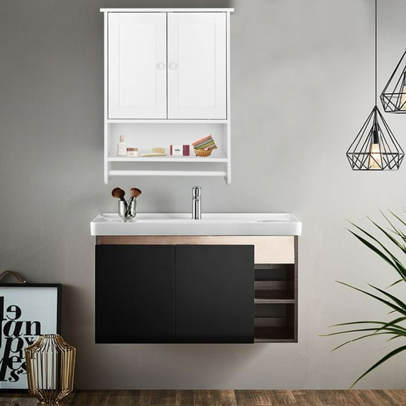 Elegant White MDF Bathroom Wall Cabinet with Hidden Storage and Shelves