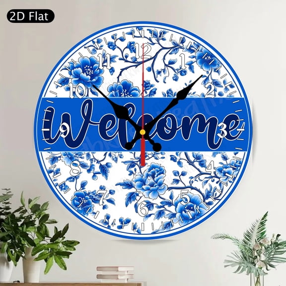 Elegant White Magnolia Floral Navy Blue Round Wall Clock Silent Non-Ticking Home Decor