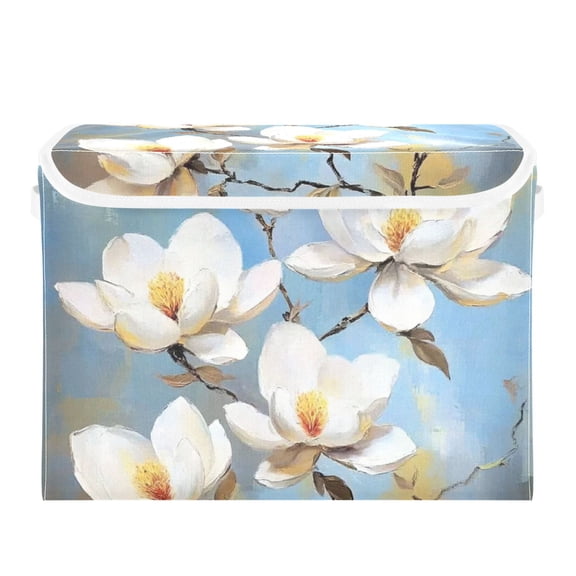 Elegant White Magnolia Flowers Large Storage Bins with Linen Collapsible Lid Storage Box 16.7 x 12.6 x 11.8in