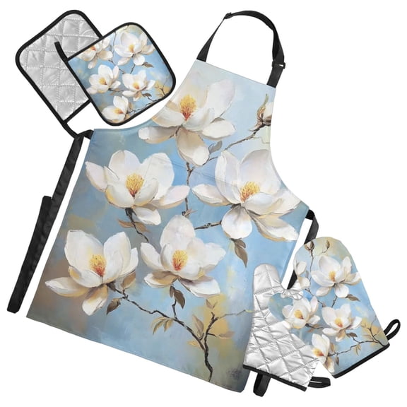 Elegant White Magnolia Flowers Oven Mitts and Pot Holders with Chef Apron Set 5 Pcs Kitchen Cooking Set
