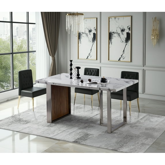 Elegant White Marble Dining Table - 63" Rectangular MDF Table for 6-8, Walnut Legs, Modern Kitchen/Living Room. Durable, Easy to Assemble.