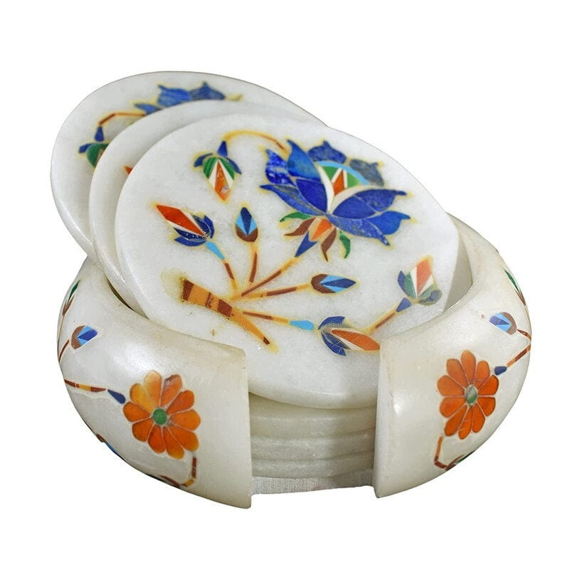 Handmade Soapstone Coaster Set - Floral & Elephant Design, 6 Coasters With Holder, 3x3 Inch, Stone Craft Home Decor