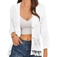 thumbnail image 1 of Elegant White Openwork Knit Cardigan with Fringe Hem & Button Front, 1 of 5