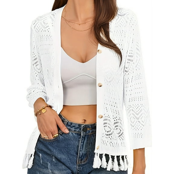Elegant White Openwork Knit Cardigan with Fringe Hem & Button Front