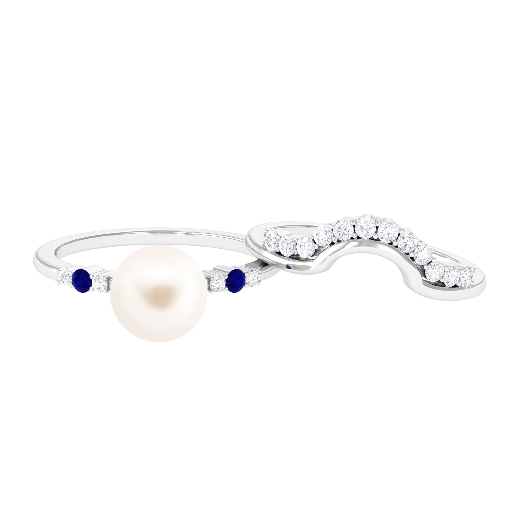 Elegant White Pearl Ring Set for Women with Sapphire and Diamond ...