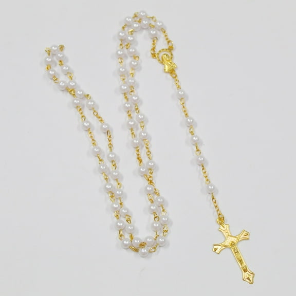 Elegant White Pearl Rosary Cross Necklace - Religious Chic Jewelry