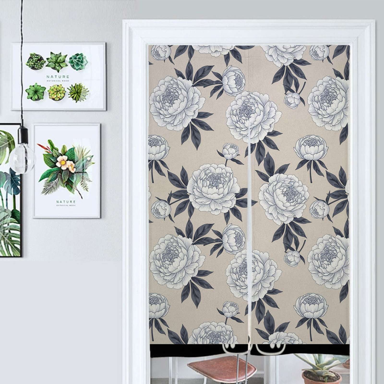 Elegant White Peony Floral Pattern Door Curtain Nordic Living Room
