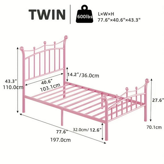 Elegant White & Pink Metal Bed Frame, Double/Full/Queen Size with Wave Trim Headboard & Footboard, Heavy-Duty Noiseless Design, No Box Spring Needed - Easy Assembly
