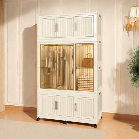 Elegant White Portable Wardrobe Storage Cabinet - 9 Magnetic Doors, 9 Cubes & 1 Hanging Rod, 6 Hangers, Clothes Dresser