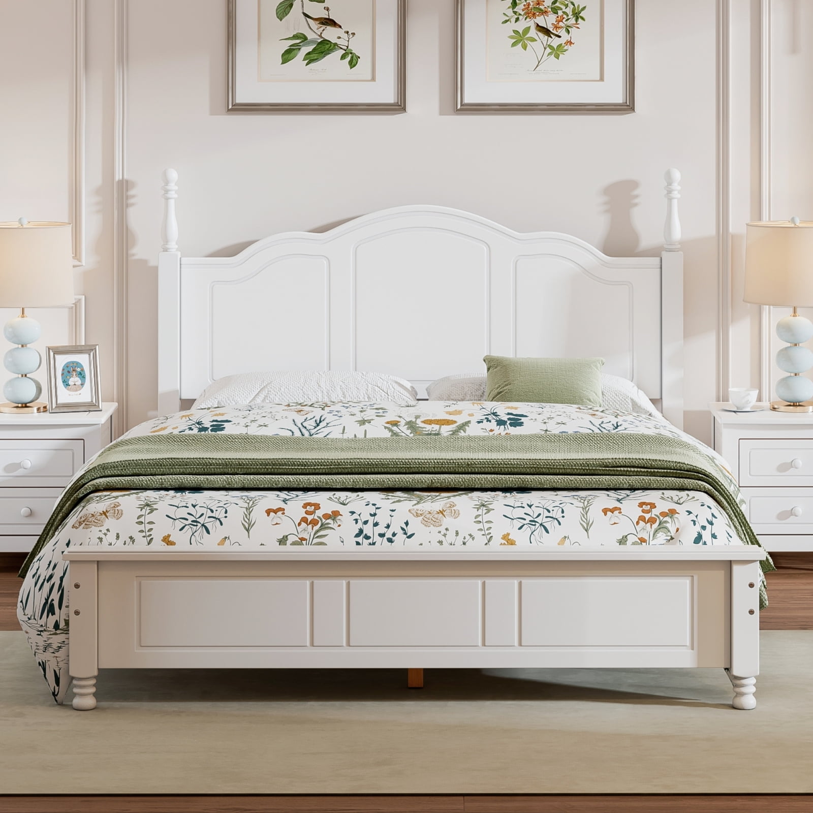 Elegant White Queen Size Wood Platform Bed with Retro Headboard Design