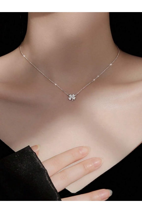 Elegant White Rhinestone Clover Pendant Necklace In Silvertone - Single Piece