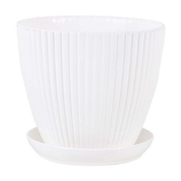 Elegant White Ribbed Plastic Planter with Saucer, 10-cm Diameter, Durable and Lightweight for Indoor and Outdoor Use