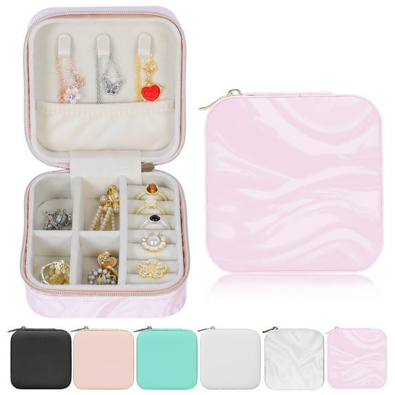Keyroal Jewelry Box for Women Girls, PU Leather Travel Organizer with Anti-Tangle Ring Roll & Necklace Hooks - Portable Case for Earrings, Necklaces, Rings ( Ripple Texture Pink)