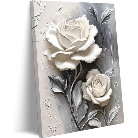 Elegant White Rose Canvas Art Modern Abstract Floral Wall Decor Picture White Blooming Flowers Poster Print Painting for Office Living Room Bedroom Bathroom Home Decorate Prepare To Hang