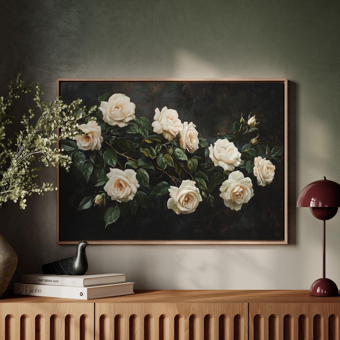 Elegant White Roses On Lush Green Stems Against A Dramatic Dark ...