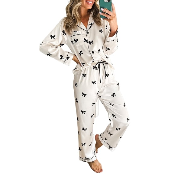Elegant White Satin Sleepwear for Women - Bow Print and Wide Leg Design | L