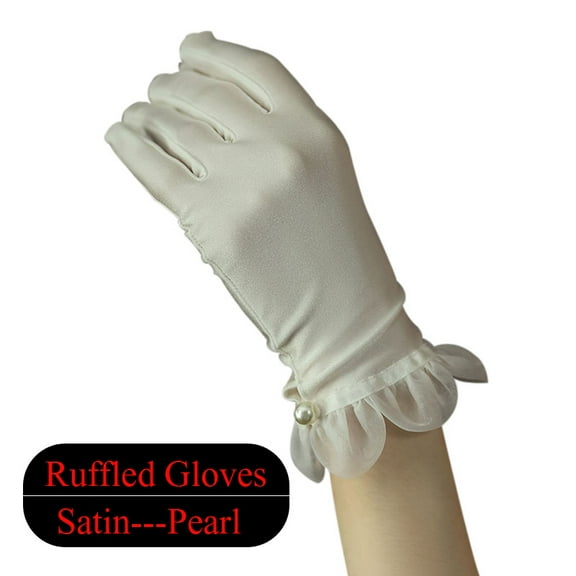 Elegant White Satin / Tulle Wrist Short Wedding Ruffle Edge Finger Bridal Bridesmaid Marriage Accessories Short Satin Gloves Wrist Length Dress Gloves for Wedding Opera Party 1920s Stretchy Gloves