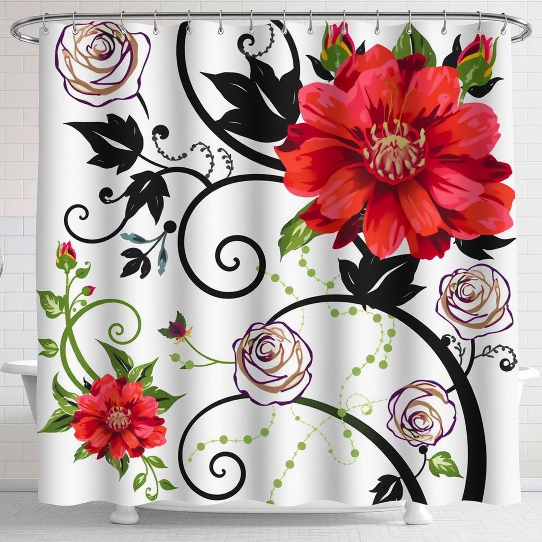 Elegant White Shower Curtain with Black Swirls & Red Roses - Floral ...