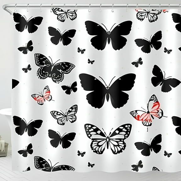 Elegant White Shower Curtain with Black and Red Butterfly Pattern - Stylish Bathroom Decor Unique Design Various Sizes and Orientations for a Look