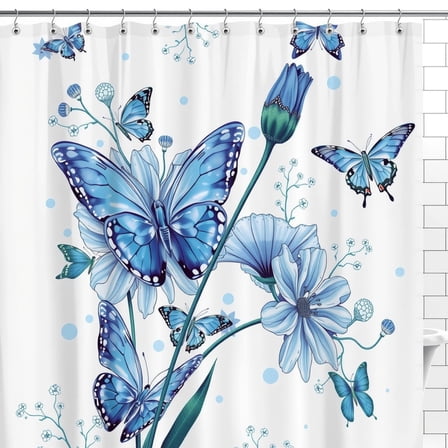 Elegant White Shower Curtain with Blue Floral Pattern & Butterflies - Serene Bathroom Decor