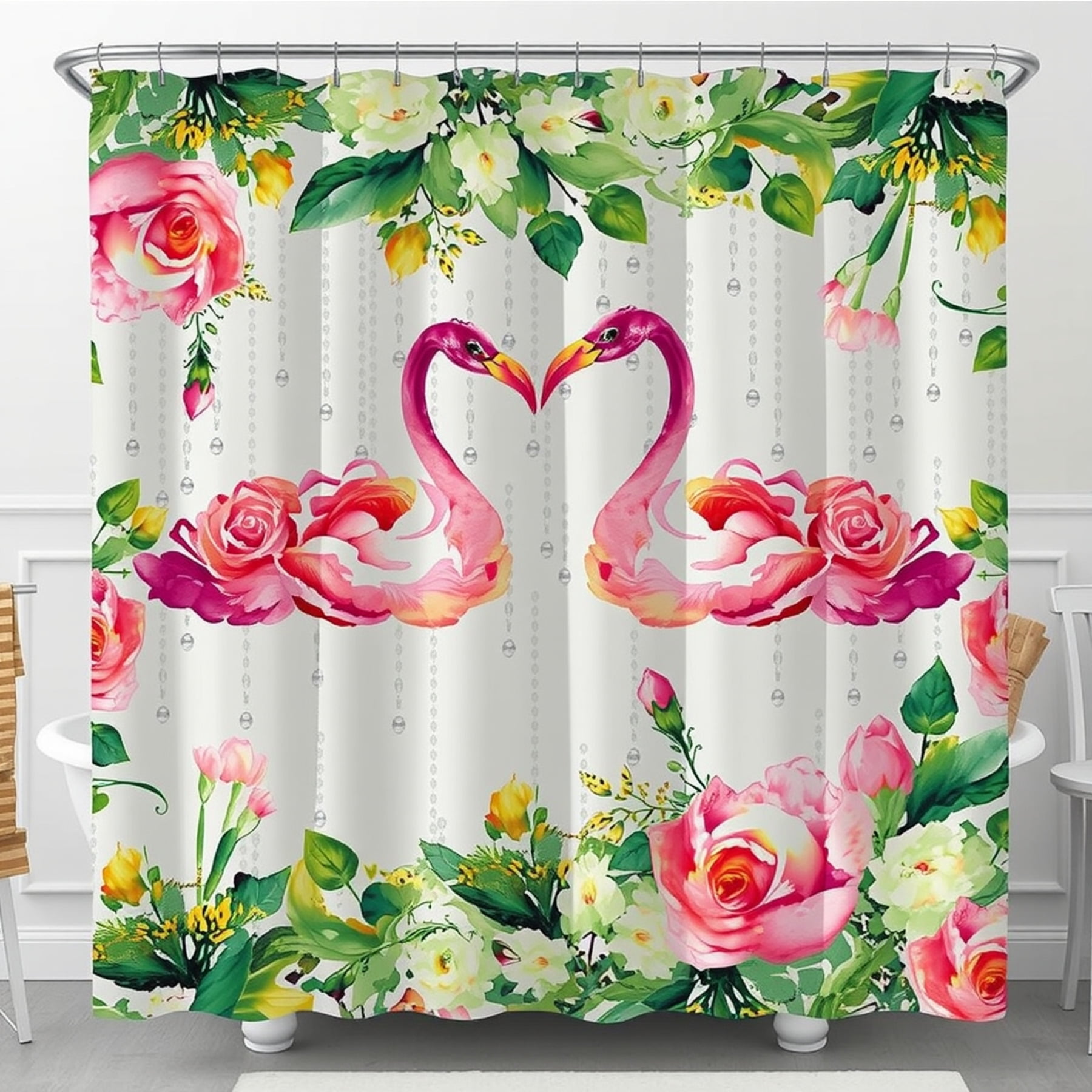 Elegant White Shower Curtain with Pink Flamingos & Floral Design