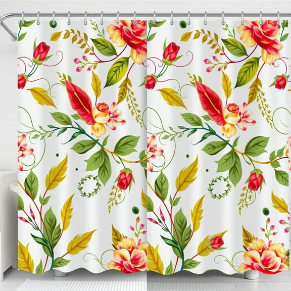 Elegant White Shower Curtain with Red & Yellow Roses, Green Leaves, Classic Design