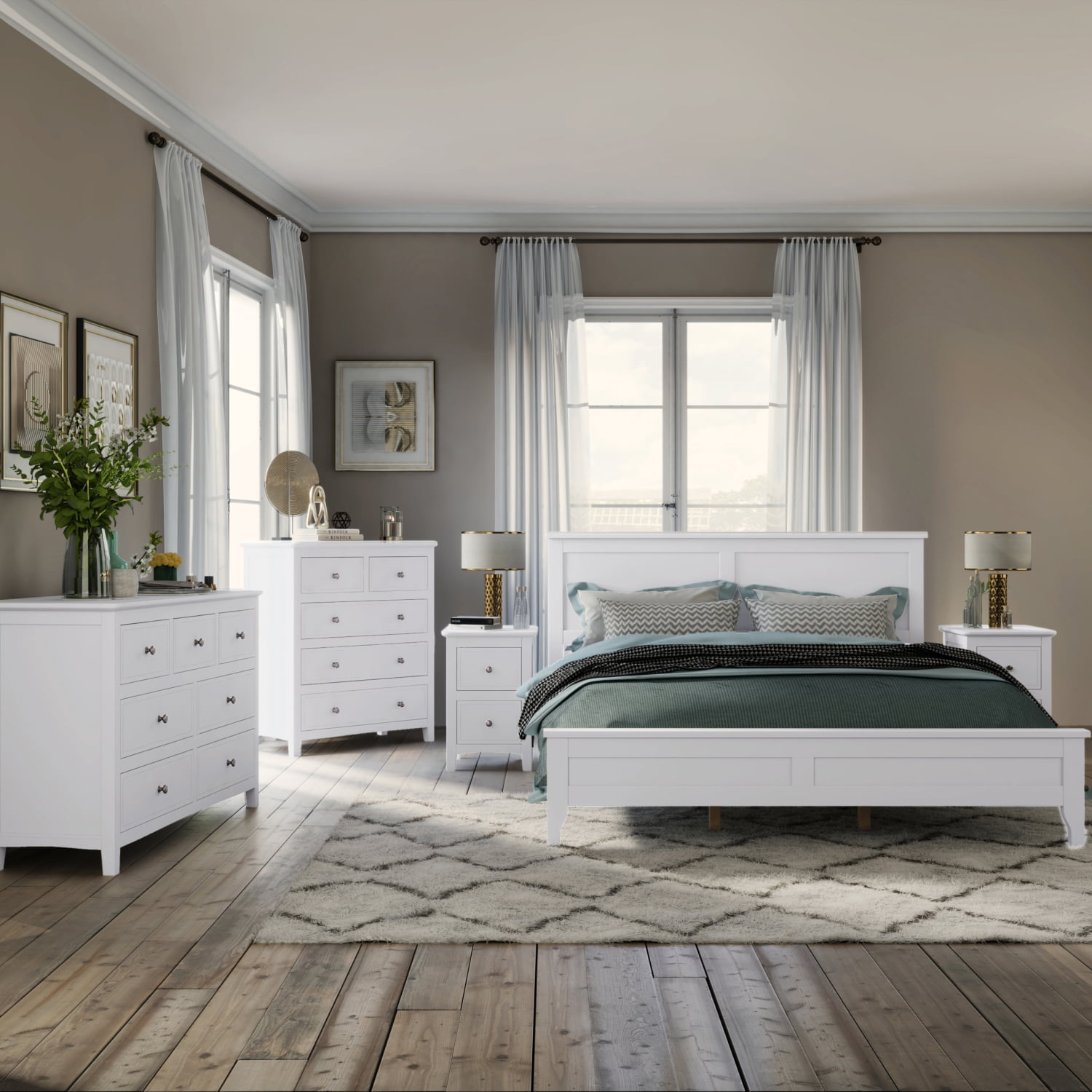 Elegant White Solid Wood 5Piece Queen Bedroom Set Including Bed Two