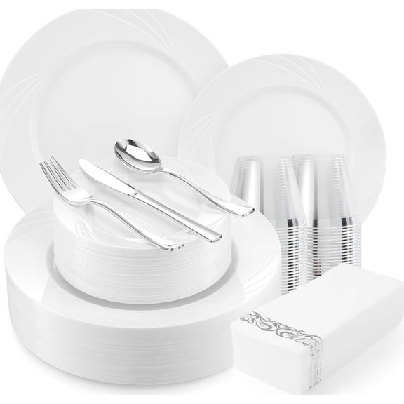 Elegant White Swirls Plastic Dinnerware Set for 50 Guests with 350 Pieces