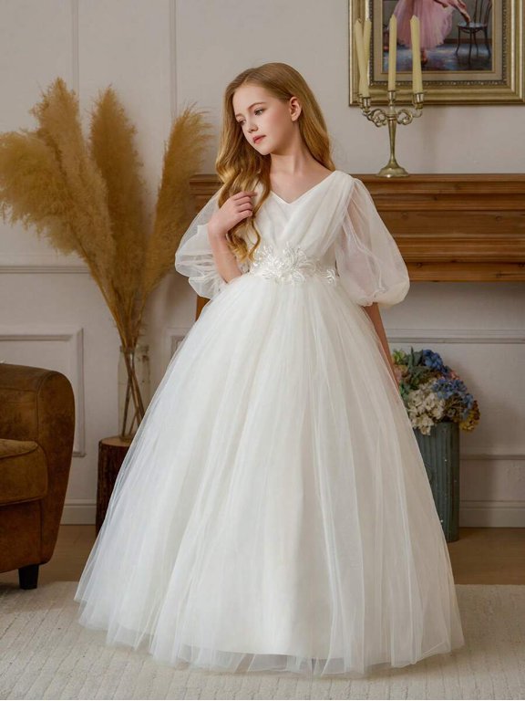 Elegant White Tulle Ball Gown Dress With Embroidered Waistband