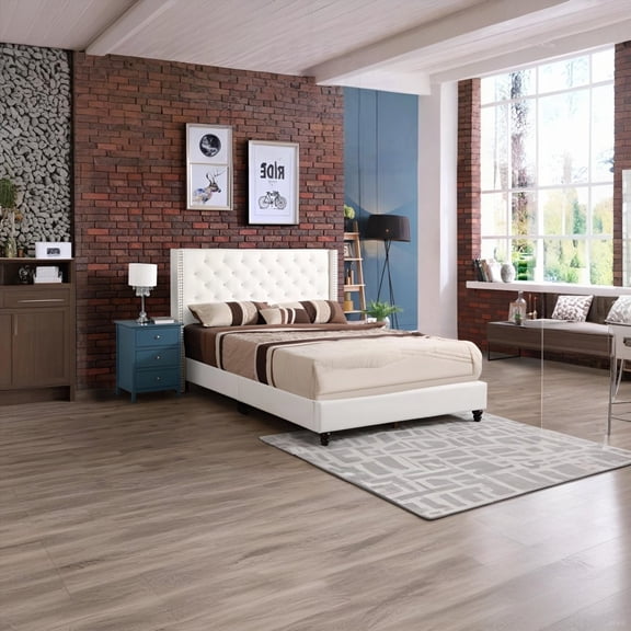 White Upholstered Transitional Bed Offering 50"H x 66"W x 86"D Dimensions for Comfort