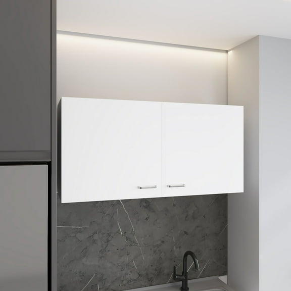 Elegant White Wall Cabinet With Two Doors And Inner Shelving Units For Compact Functional Storage In Stylish Internal Shelves Space Versatile