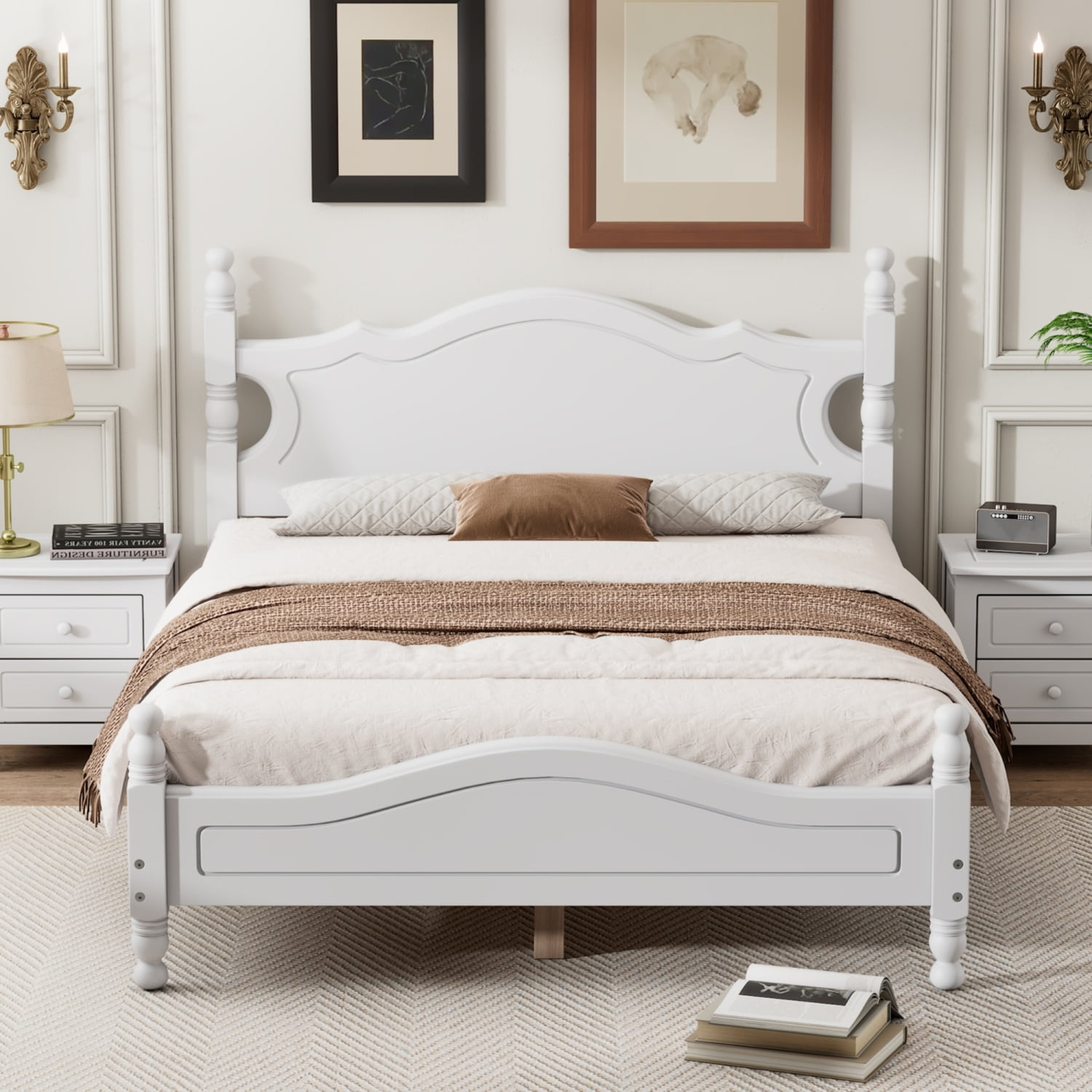 Elegant White Wood Platform Bed Frame Retro Style Bed with Wooden Slat Support Full Size