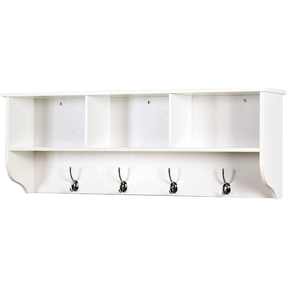 Elegant White Wooden Wall-Mounted Coat Rack with Shelf - Entryway Organizer with 4 Dual Hooks - Modern Storage Display for Home Decor, Plants, Photos - MDF Construction - 39"x8"x14"
