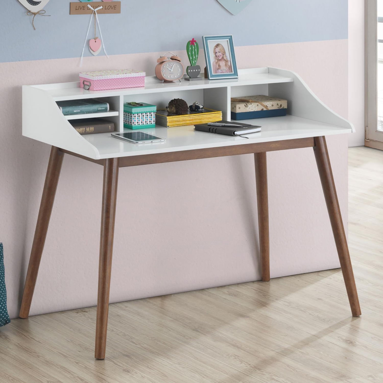Percy Transitional Wood Writing Desk with Hutch in White and Walnut