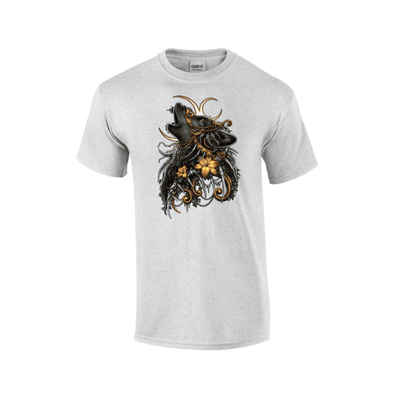 Elegant Wilderness Howling Wolf With Flowers And Cresent Moons Short Sleeve Unisex Graphic T-Shirt-Ash-small