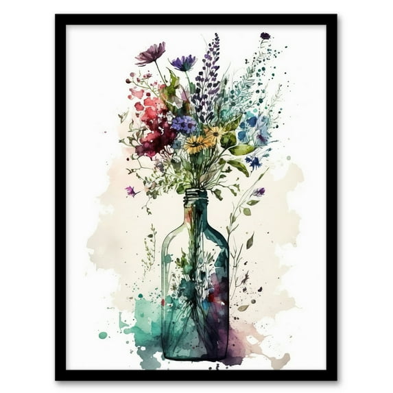 Elegant Wildflower Bouquet in Glass Bottle Vase Watercolour Painting Red Purple Blue Spring Flower Blooms Artwork Framed Wall Art Print A4