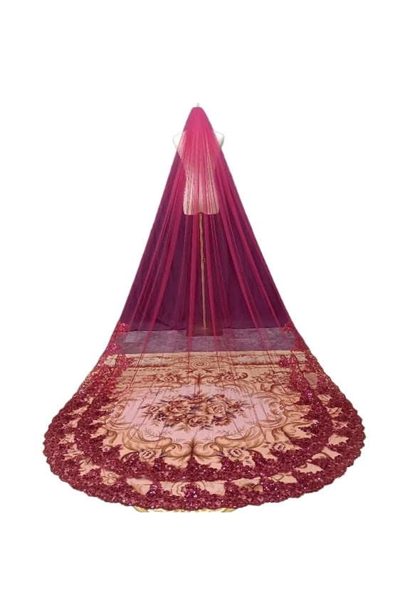 Elegant Wine Red Bridal Veil with Sequins - 1 Tier Cathedral Length Wedding Accessory with Metal Comb