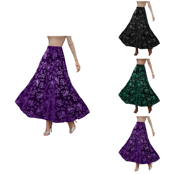 Elegant Winter Floral Velvet Maxi Skirt, Flared Hem, Soft Textured Fabric, Women's High Waist, Vintage A-Line, Party Skirt