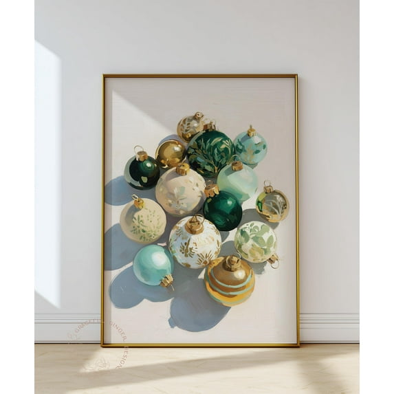 Elegant Winter Ornaments Wall Art, Vintage Print, Green & Gold Baubles Home Decor #2292, Unframed Canvas Size 16x24