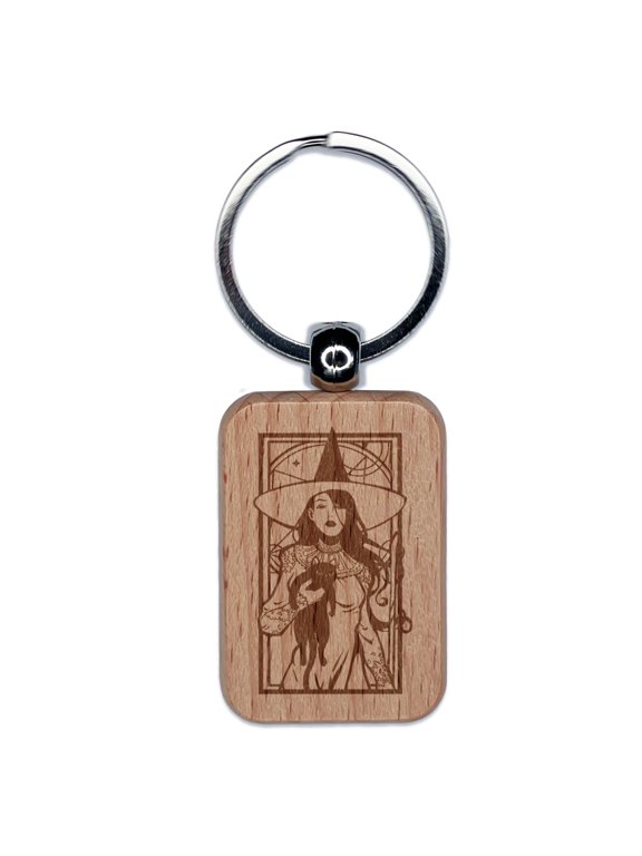 Elegant Witch with Black Cat Halloween Rectangle Keychain Charm Tag - Engraved Wood