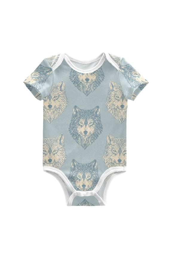 Elegant Wolf Face Pattern Pure Cotton Bodysuit Short Sleeve Pajamas One-Piece Romper Unisex 6M