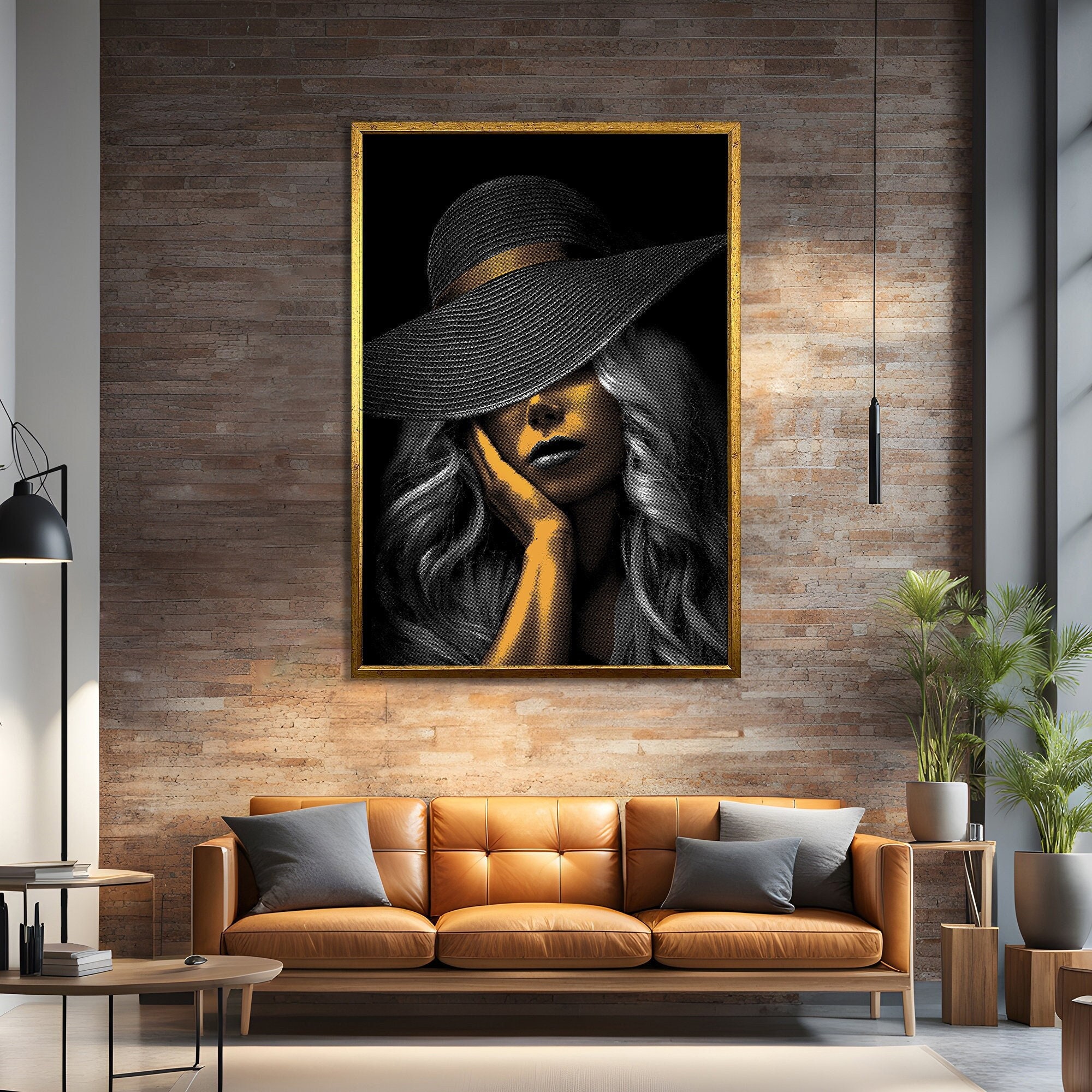 Elegant Woman In Black Hat Print Art - Striking Gold And Black Portrait ...