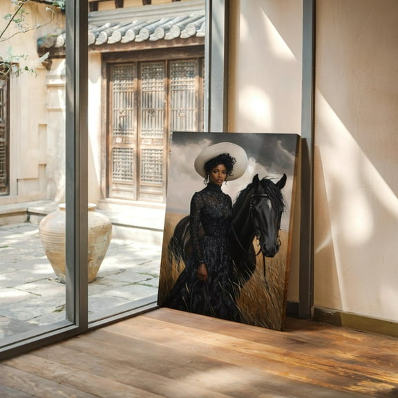 Elegant Woman With Black Horse - Rustic Prairie Artwork, Equestrian Wall Decor, Western-Inspired Vintage Home Aesthetic Wall Art, Modern Wall Decor, 8x12 UNFRAMED
