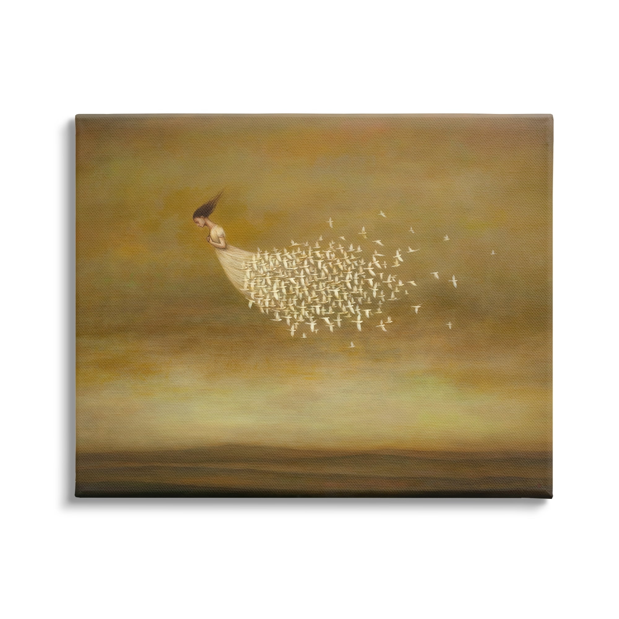 Elegant Woman Flying Doves Birds Dress Ochre Sky Animals & Insects Painting Gallery-Wrapped Canvas Print Wall Art