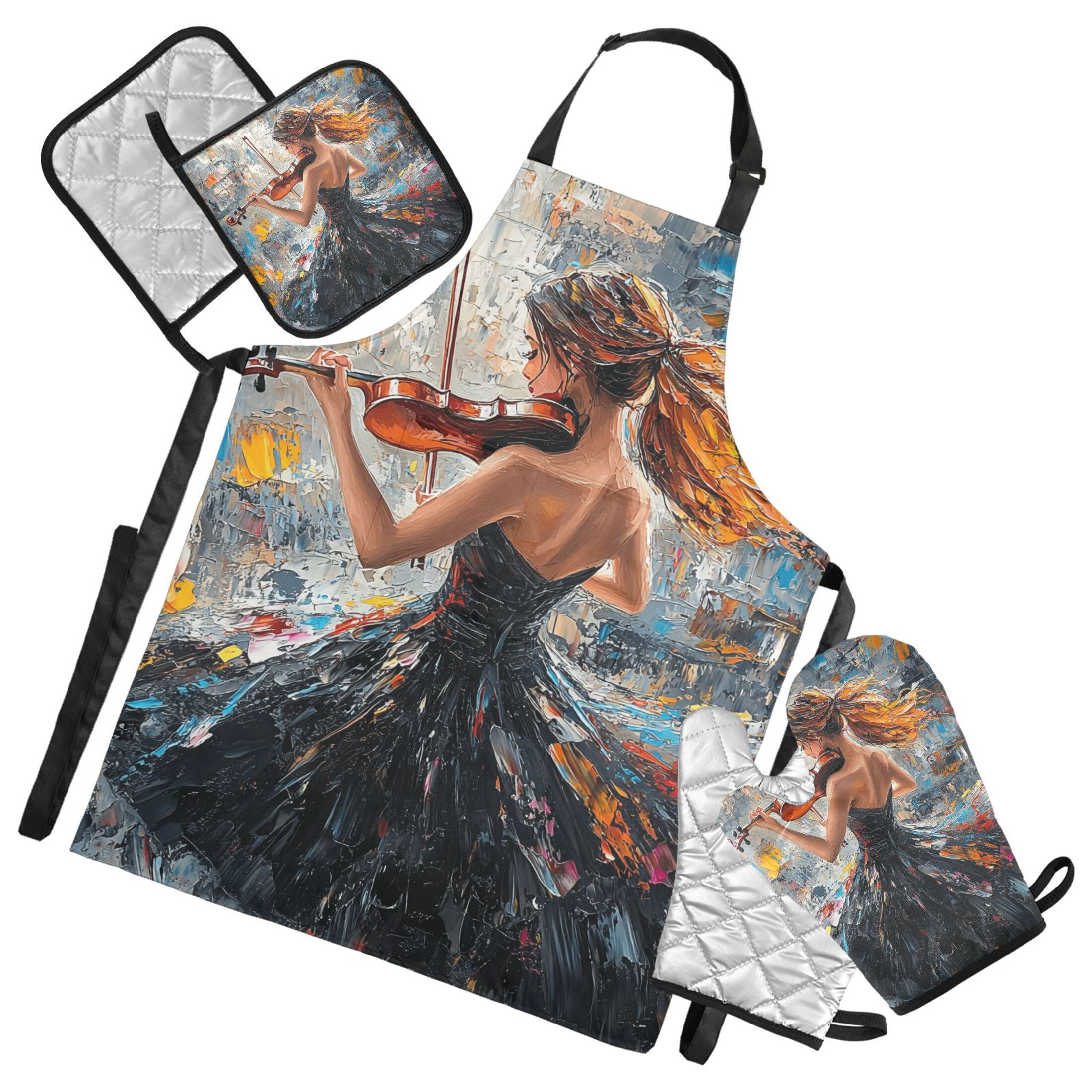 Elegant Woman Play Violin 5 Pcs Kitchen Set Heat Resistant Oven Mitts and Non-Slip Pot Holders with Adjustable Cooking Apron