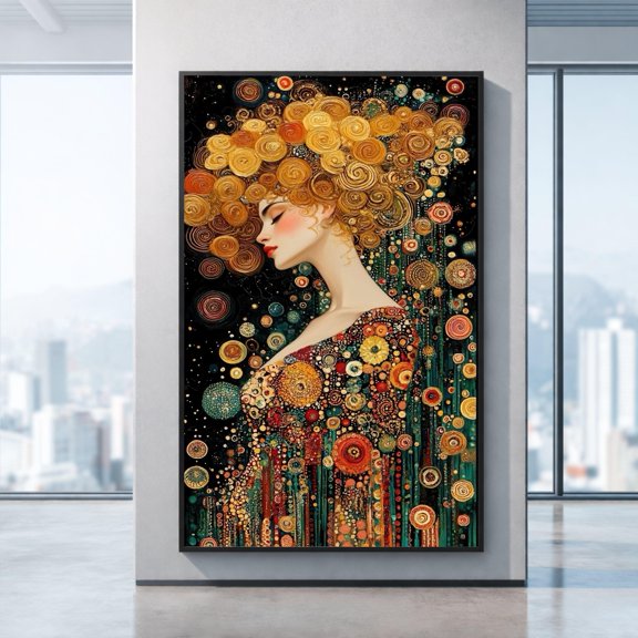 Elegant Woman Portrait, Gustav Klimt Style Wall Art, Modern Abstract Flower - Large, Oversized Poster, Poster Only