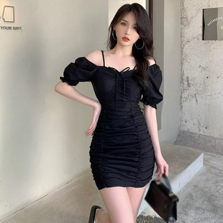 Elegant Woman Slim Square Neck Lace Up Pleated Dress Spring Summer Ladies Short Sleeve Knee Length Dress Walmart