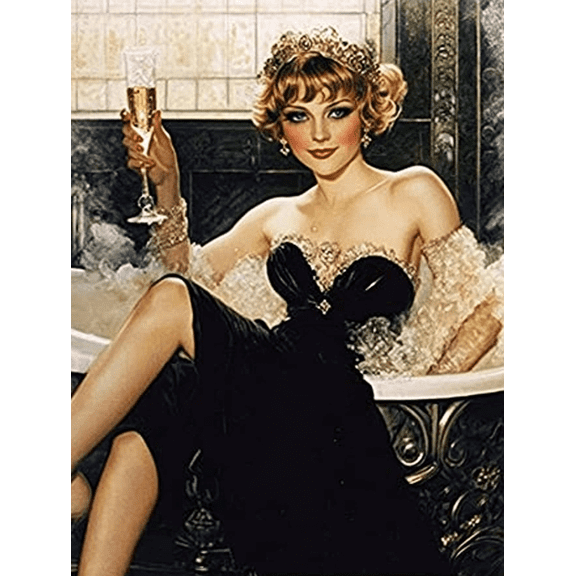 Elegant Woman with Champagne Decor Art/Canvas Print Perfect for Living Room and Glamour Themed Home Decor Adding Vintage Charm and Sophistication.