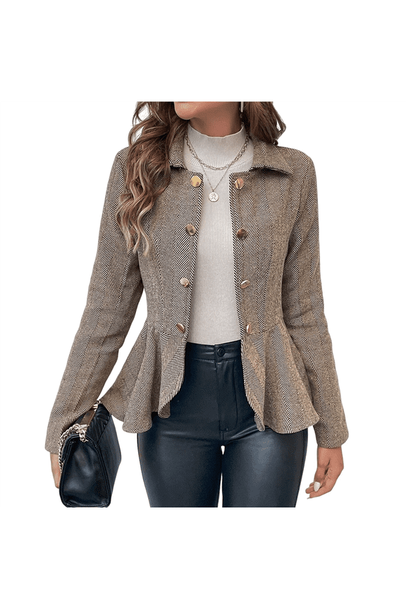 Elegant Women Blazer Business Work Office Peplum Hem Jacket Open Front Herringbone Coats Camel S