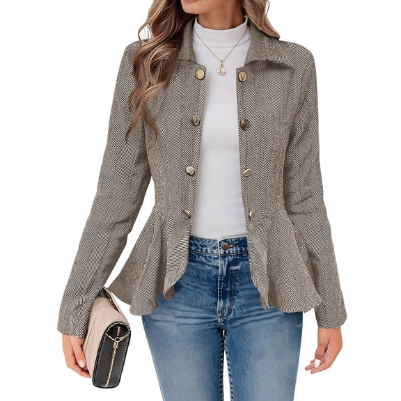 Elegant Women Blazer Business Work Office Peplum Hem Jacket Open Front Herringbone Coats